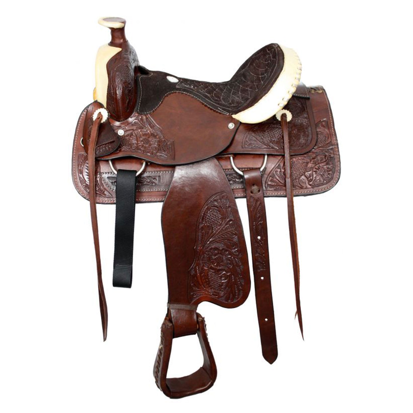 Buffalo Roper Style Saddle with Acorn Tooling - side view