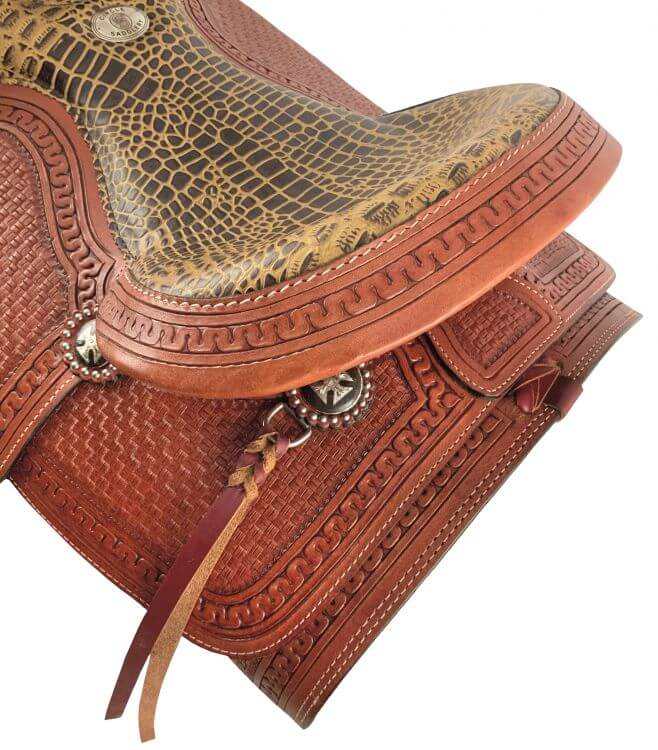 Circle S Roping Saddle with Alligator Print Seat - top back view