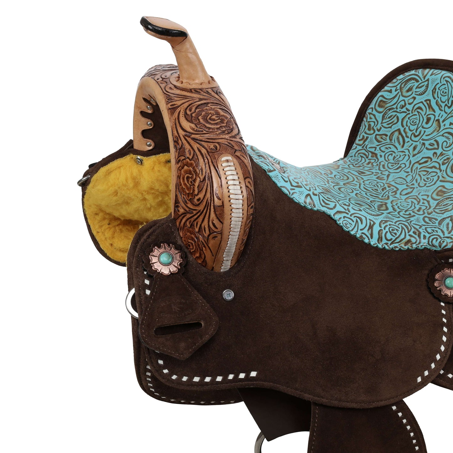 Klassy Cowgirl Teal Rose Barrel Saddle - side view front up close