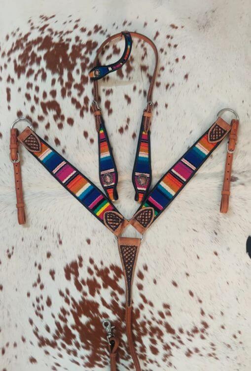 Showman One Ear Headstall & Breast Collar Set - front view on printed background