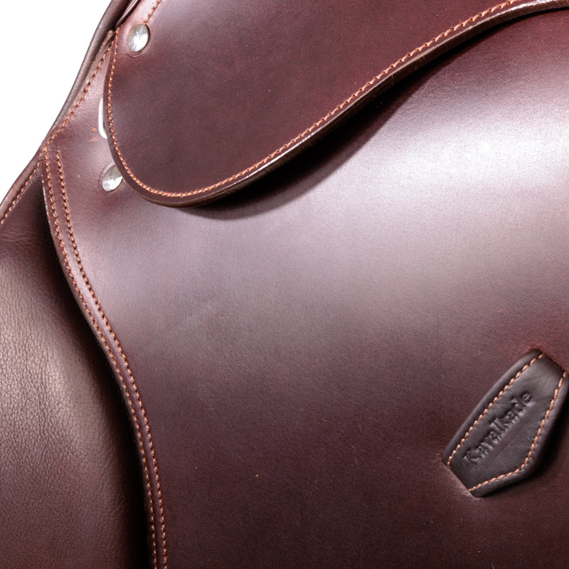 Kavalkade - Jumping Saddle "CATO" - side view with brand up close brown