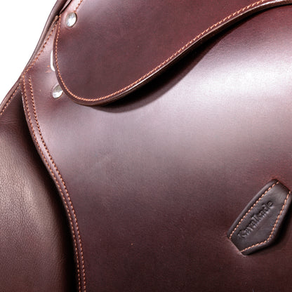 Kavalkade - Jumping Saddle "CATO" - side view with brand up close brown