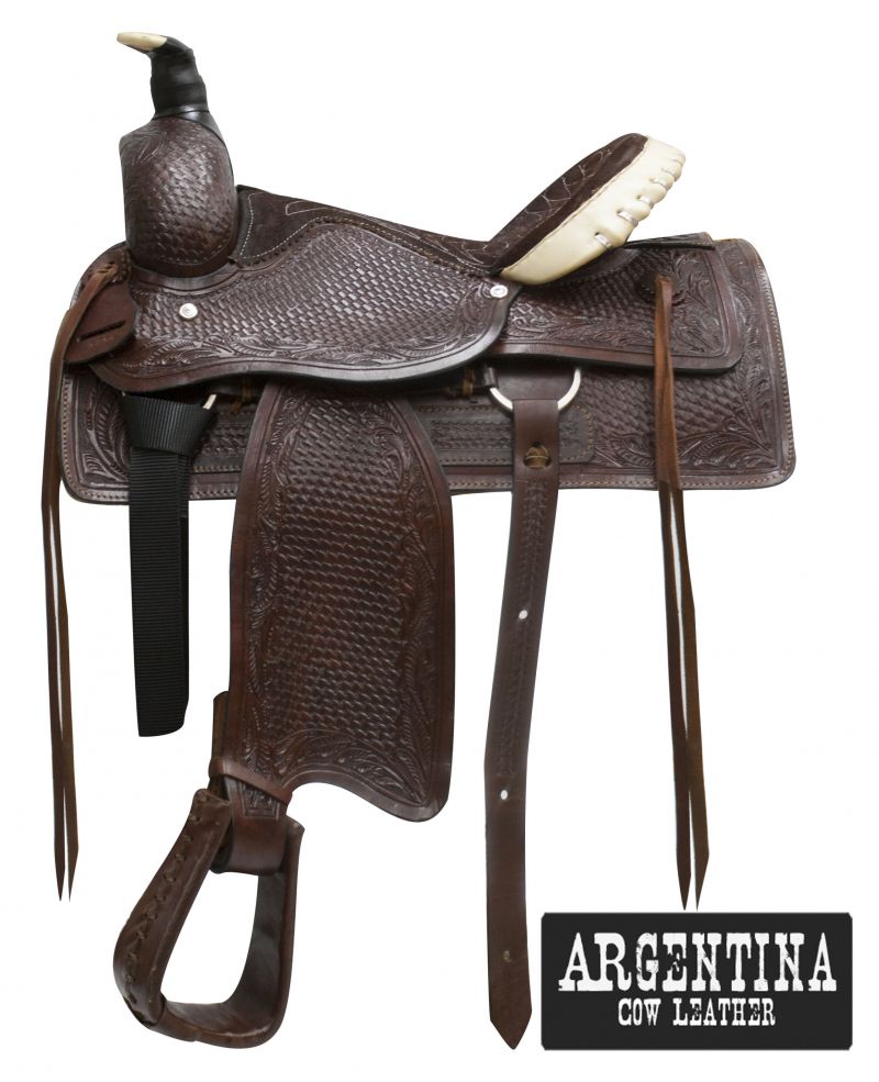 Buffalo Argentina Cow Leather Fully Tooled Roper Style Saddle - side view