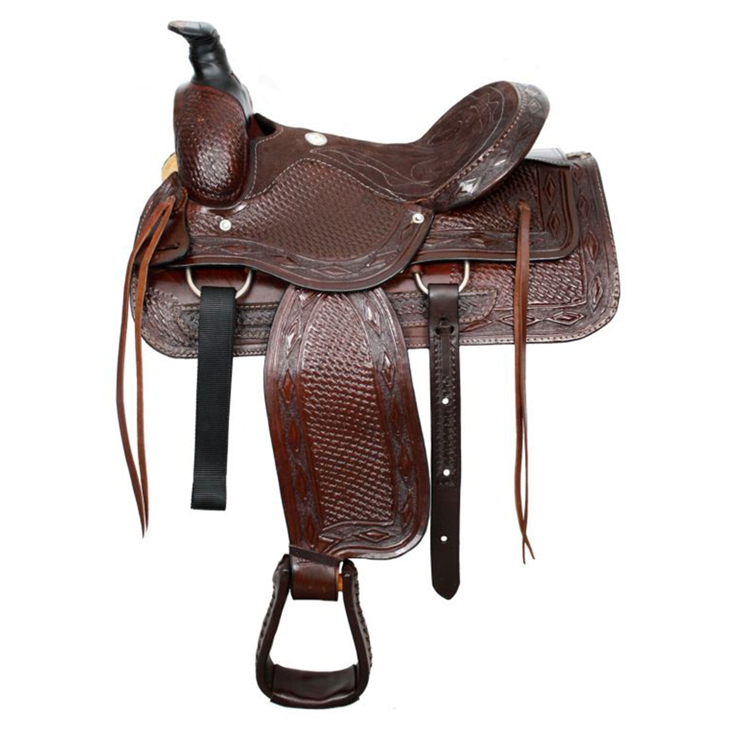 Buffalo Tooled Roper Style Saddle with Suede Leather Seat - side view
