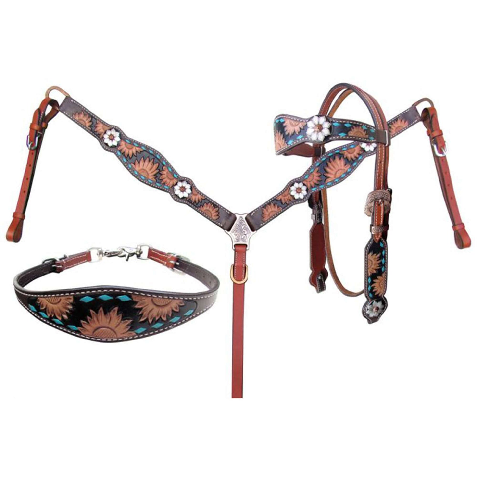 Showman Sunflower Tooled Browband Headstall and Breastcollar Set - front view
