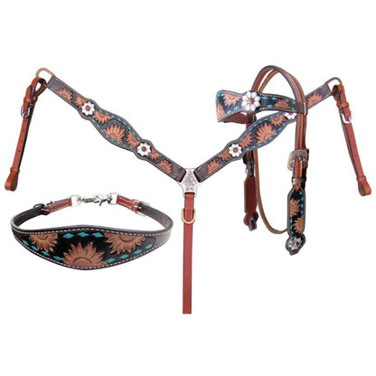 Showman Sunflower Tooled Browband Headstall and Breastcollar Set - front view