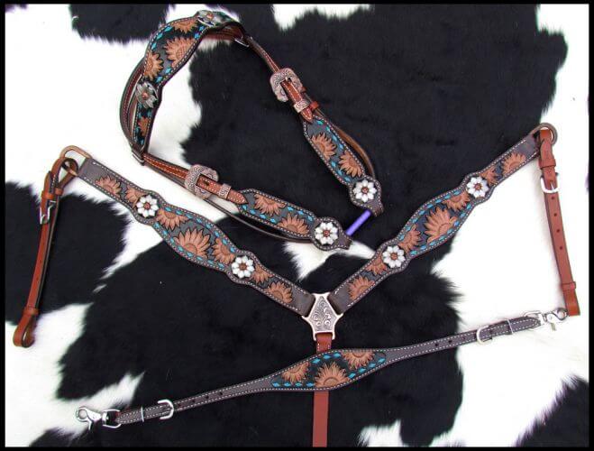 Showman Sunflower Tooled Browband Headstall and Breastcollar Set - front view with far background