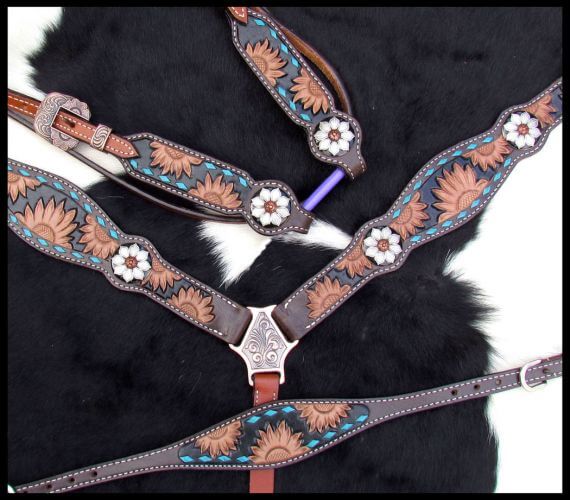 Showman Sunflower Tooled Browband Headstall and Breastcollar Set - front view with close background