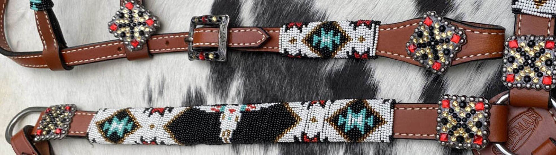 Showman 4 Piece Steer Head Beaded One Ear Headstall and Breast Collar Set - top view of breastcollar
