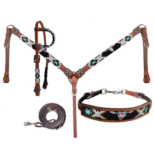 Showman 4 Piece Steer Head Beaded One Ear Headstall and Breast Collar Set - front view