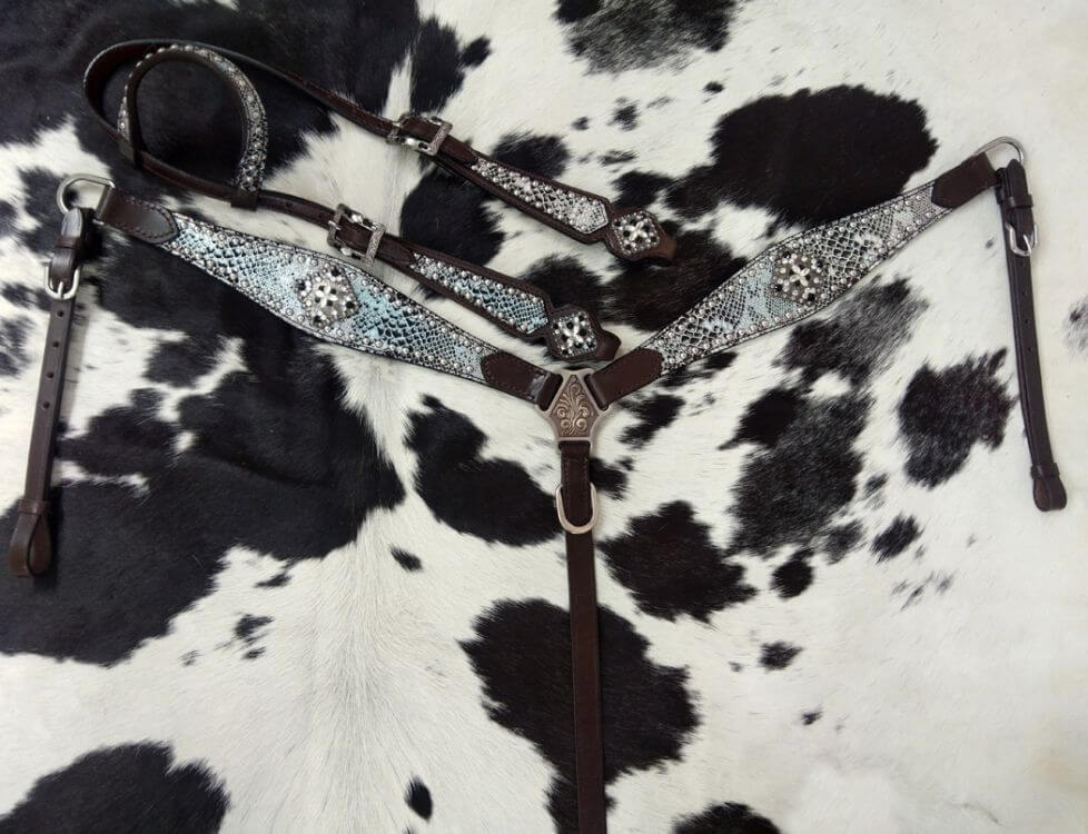 Showman Snakeskin Inlay Headstall and Breast Collar Set - front view on printed background