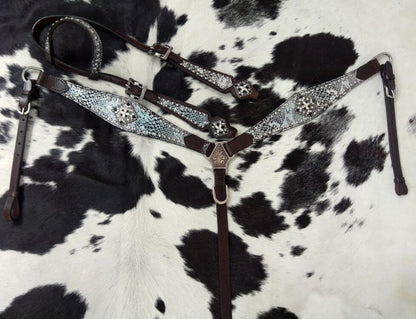 Showman Snakeskin Inlay Headstall and Breast Collar Set - front view on printed background