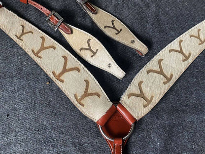 Showman Hair on Cowhide Headstall and Breast Collar Set - top view on grey background