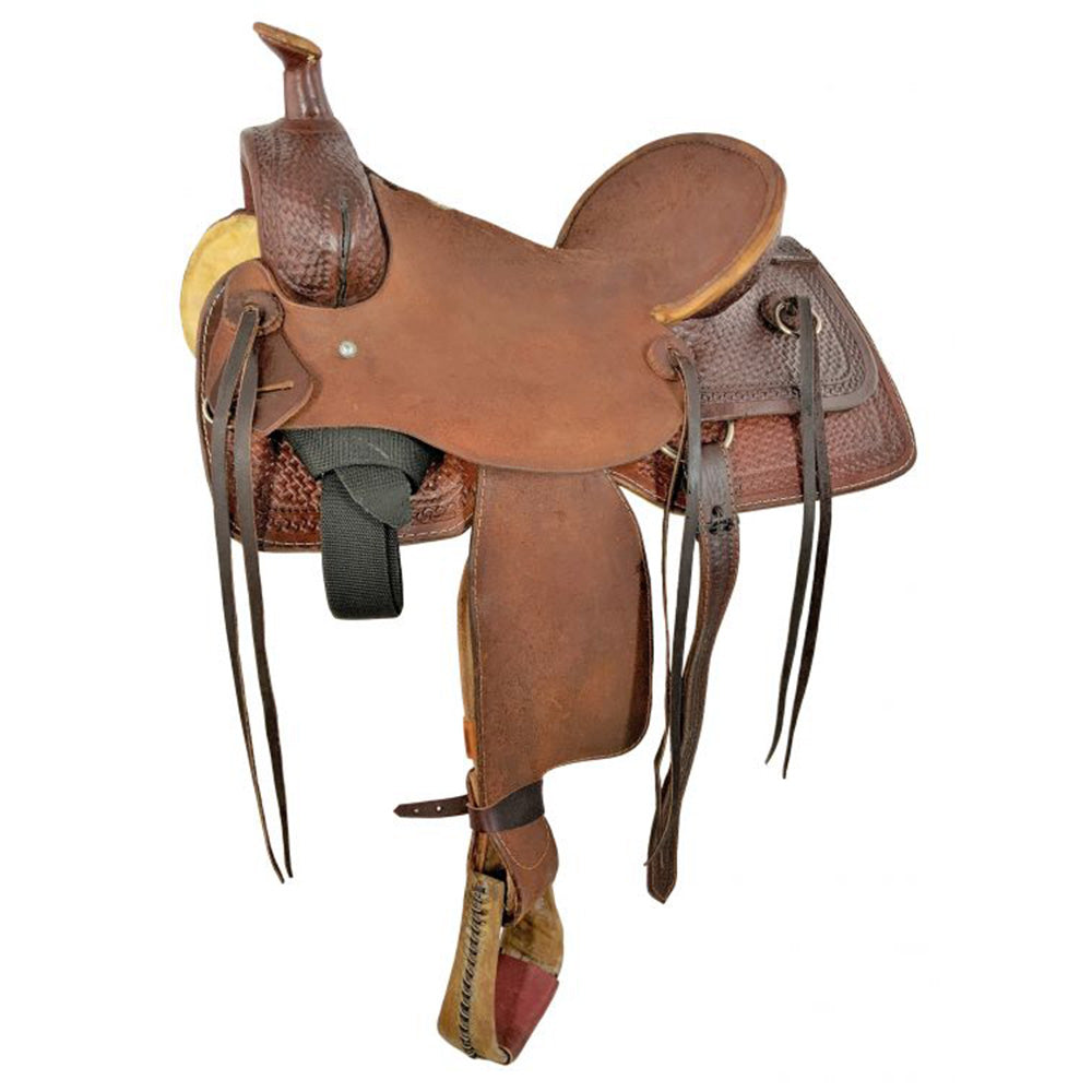 Buffalo Roper Style Saddle with Basket Stamp Tooling - side view