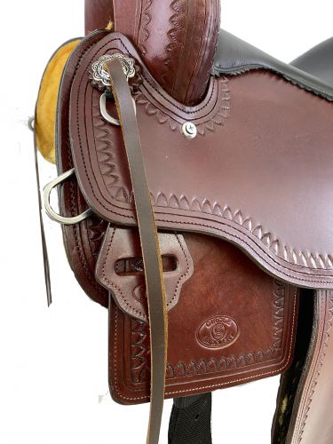 Circle S Trail Saddle with Wave Print Border - Burgundy - side view up close