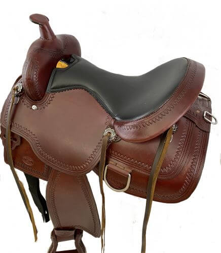 Circle S Trail Saddle with Wave Print Border - Burgundy - side back view