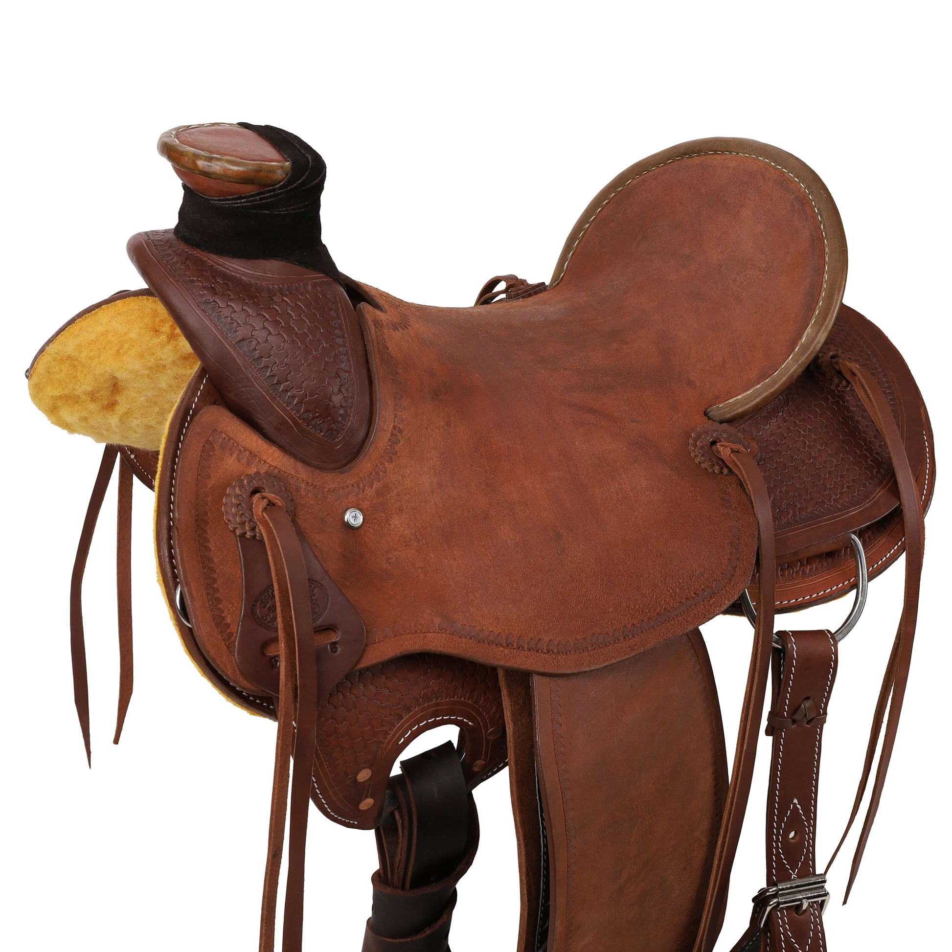Showman Signature Series Roughout Wade Roping Saddle - side top view up close