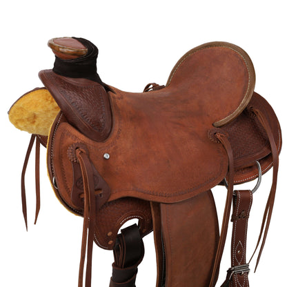 Showman Signature Series Roughout Wade Roping Saddle - side top view up close