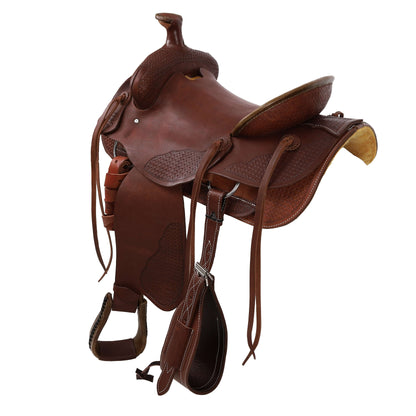 Showman Legacy Series Waffle Tooled Roping Saddle - side back view