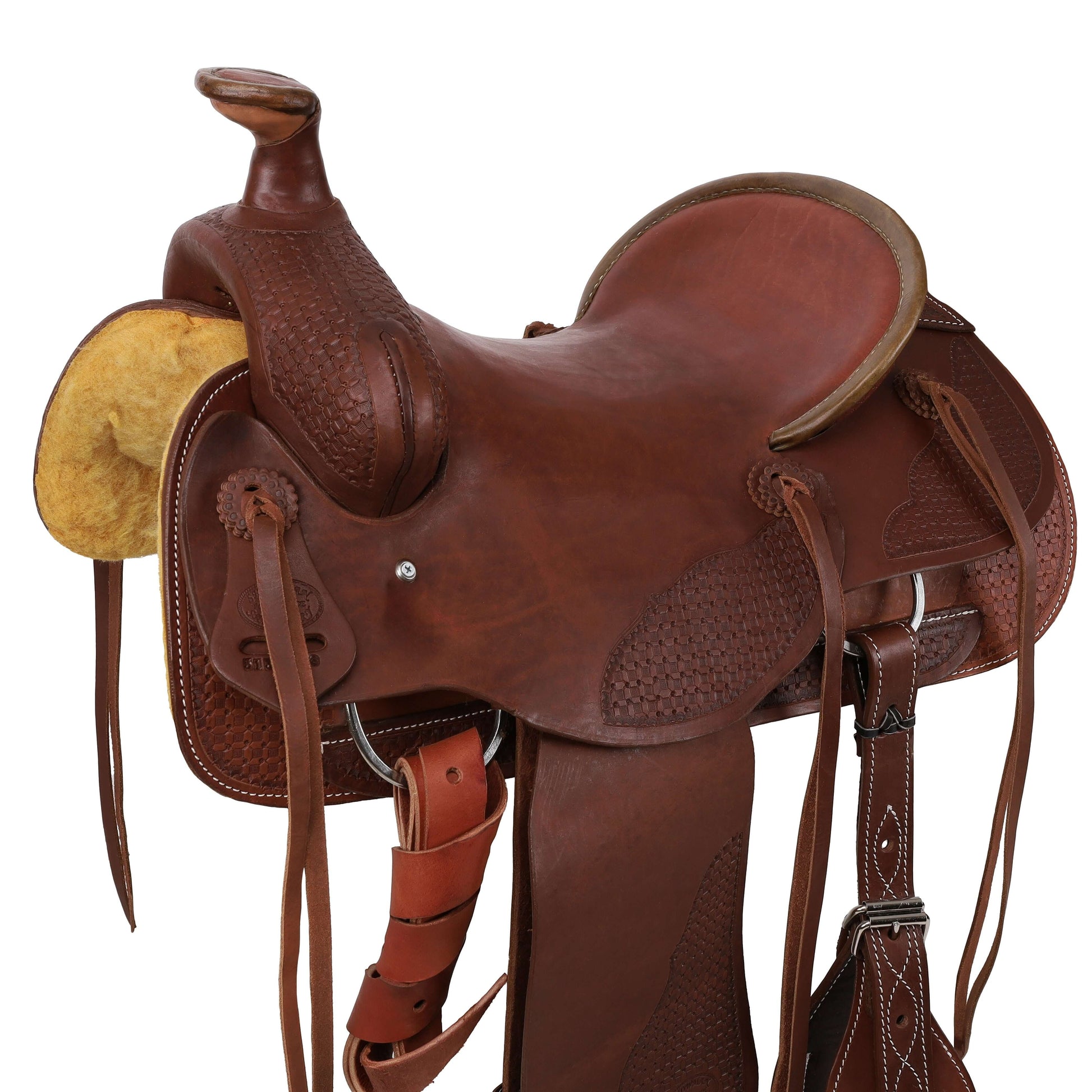 Showman Legacy Series Waffle Tooled Roping Saddle - side view up close