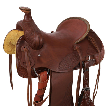 Showman Legacy Series Waffle Tooled Roping Saddle - side view up close