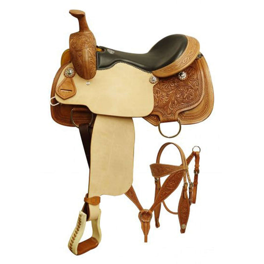 Double T Roping Saddle Set with Floral Tooling - side view