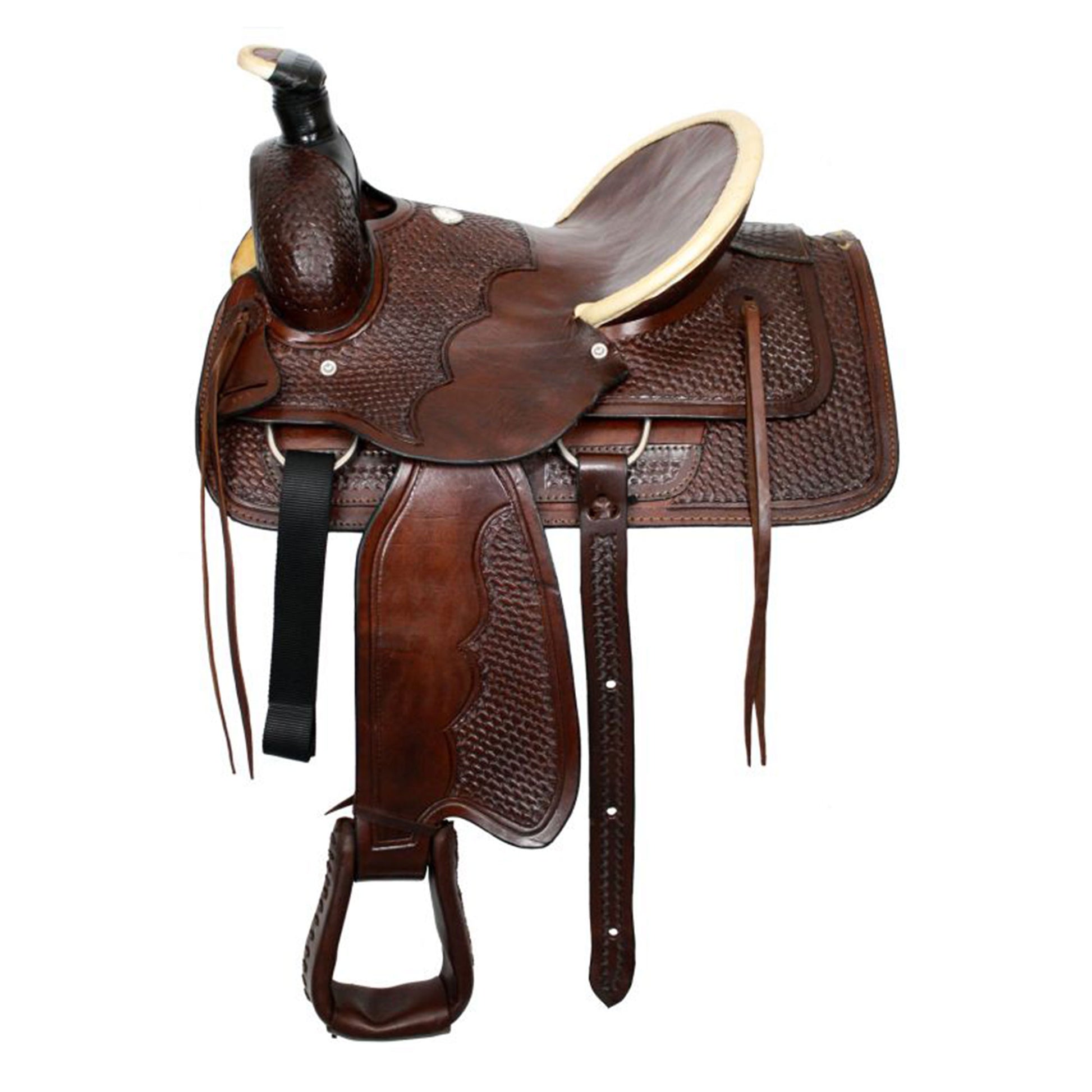 Buffalo Roper Style Hard Seat Saddle with Basketweave Tooling - side view