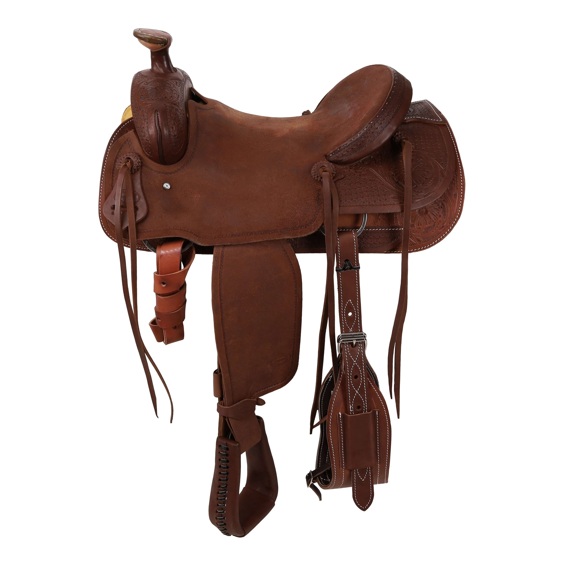 Showman Legacy Series Roughout and Tooled Roping Saddle - side view