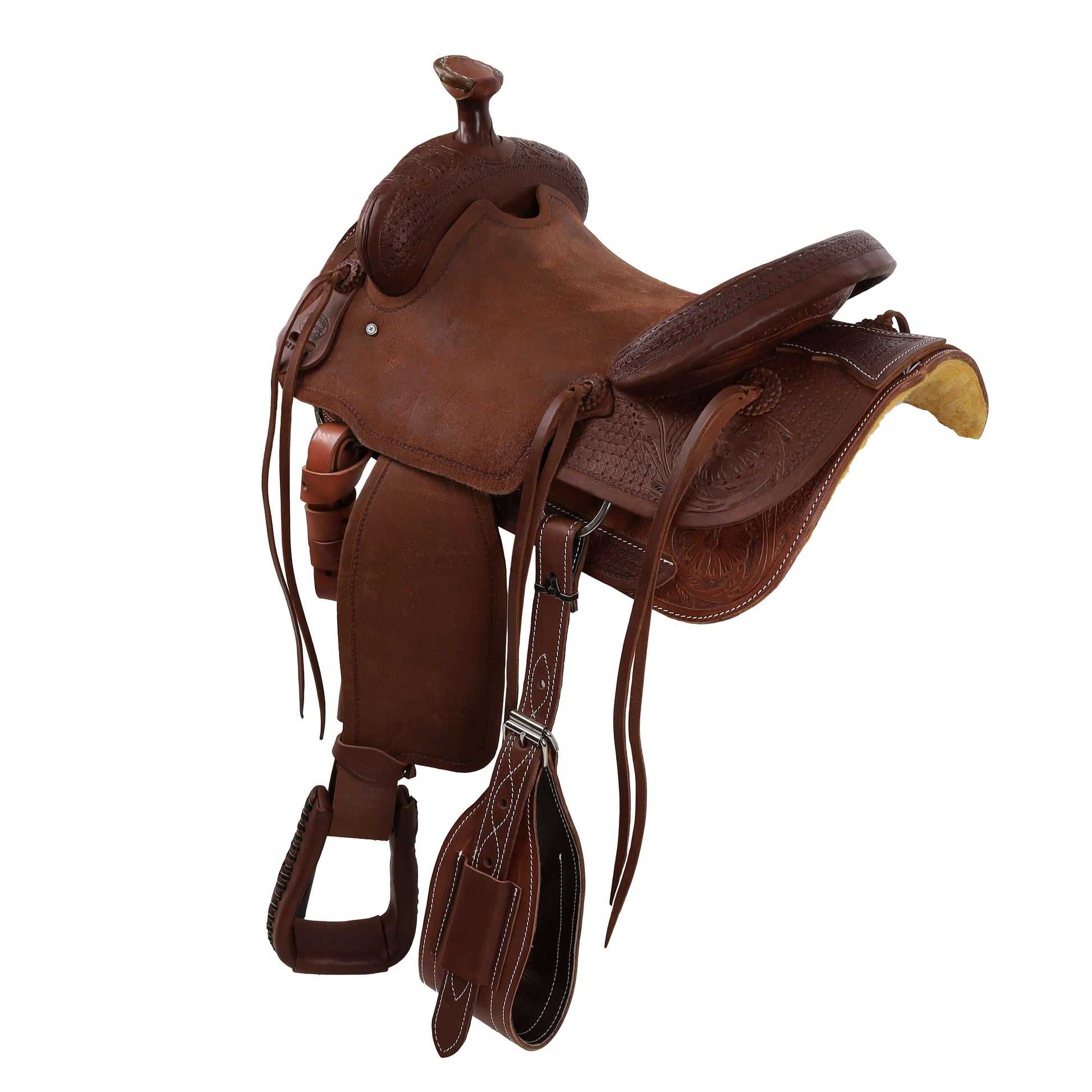 Showman Legacy Series Roughout and Tooled Roping Saddle - side back view