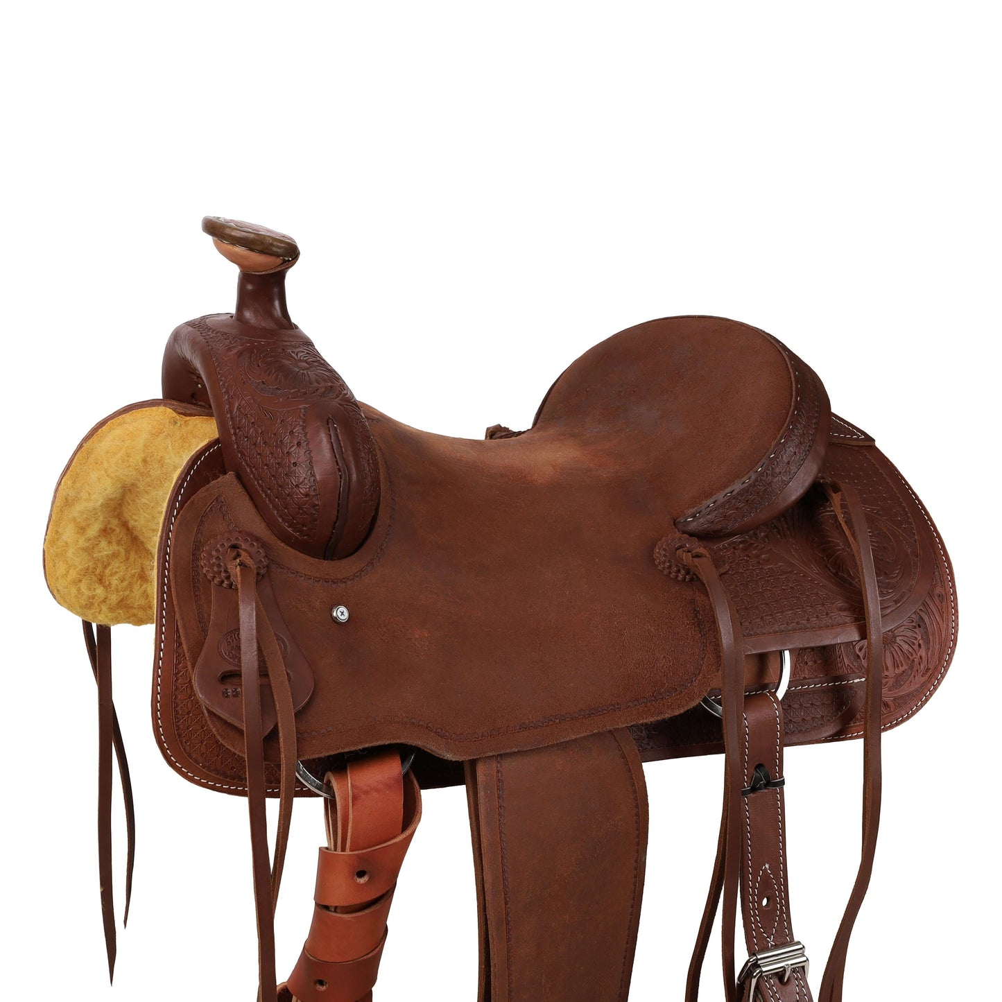 Showman Legacy Series Roughout and Tooled Roping Saddle - side view up close
