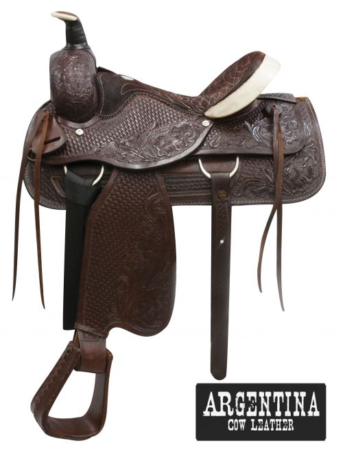 Buffalo Argentina Cow Leather Roper Style Saddle - Accented Cantle and Horn - side view