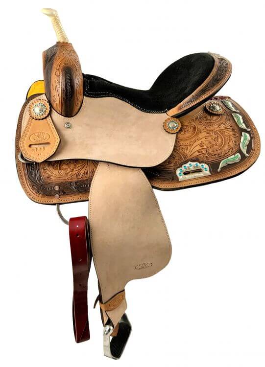Circle S Barrel Style Saddle with Feather Concho Design - side view