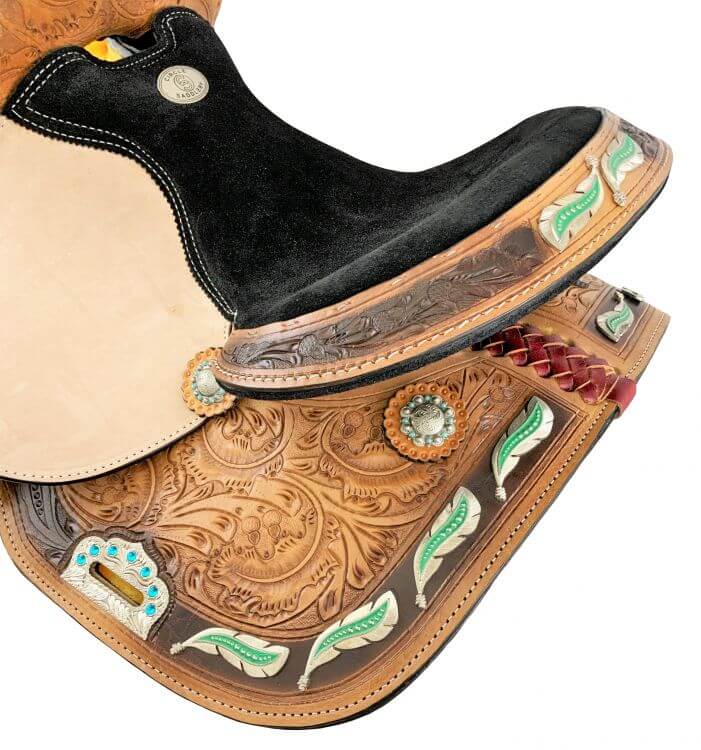 Circle S Barrel Style Saddle with Feather Concho Design - top view back