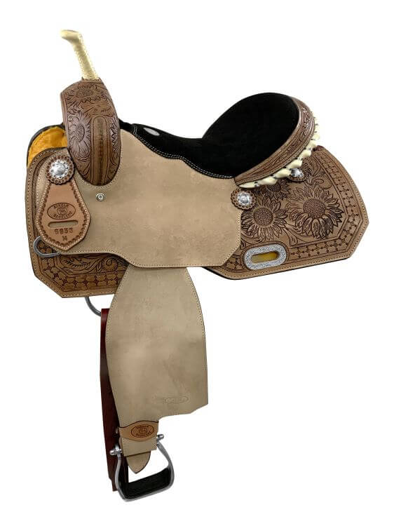 Circle S Barrel Saddle Set with Sunflower Tooling - side view saddle