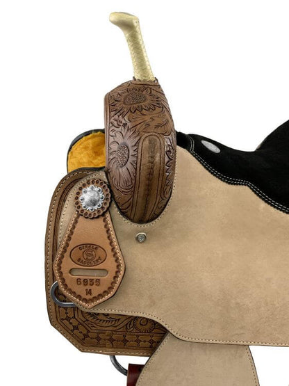 Circle S Barrel Saddle Set with Sunflower Tooling - side view up up close saddle