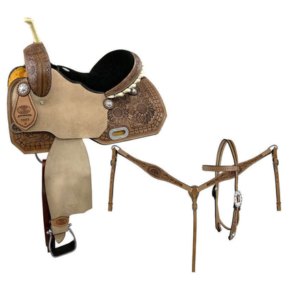Circle S Barrel Saddle Set with Sunflower Tooling - side view saddle and front view breastcollar