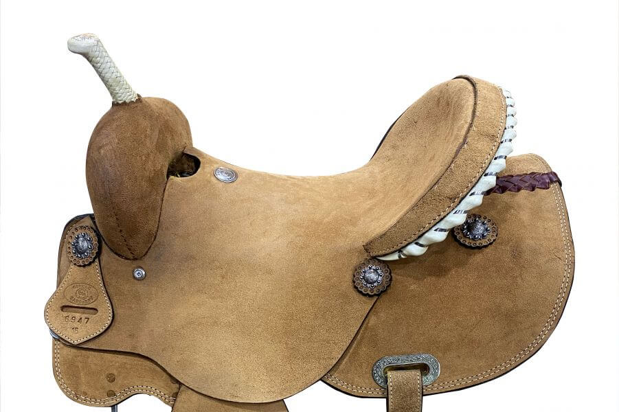 Circle S Barrel Saddle with Rawhide Trim Accents - side view up close