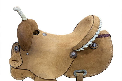 Circle S Barrel Saddle with Rawhide Trim Accents - side view up close
