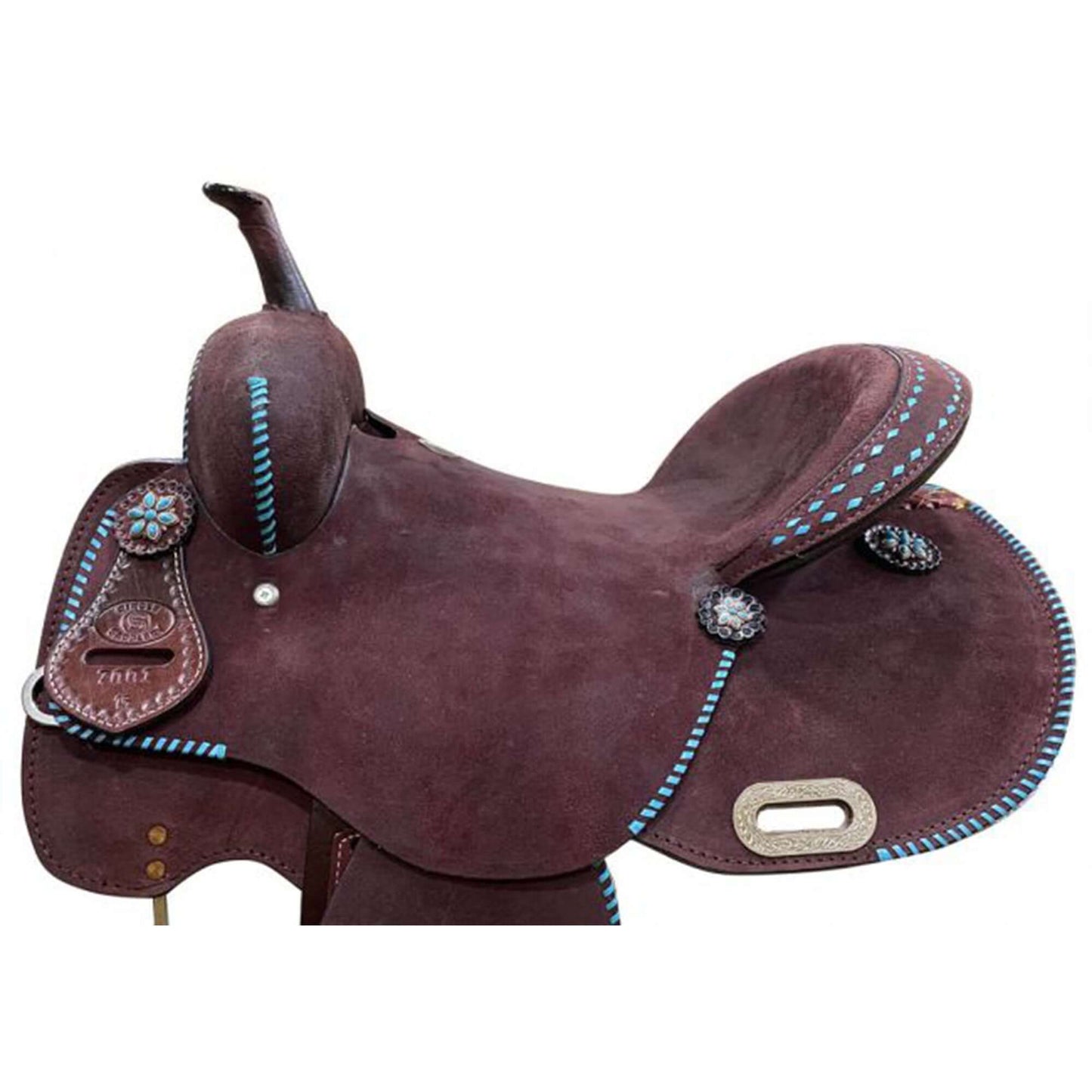 Circle S Barrel Saddle with Teal Buckstitch - side view up close