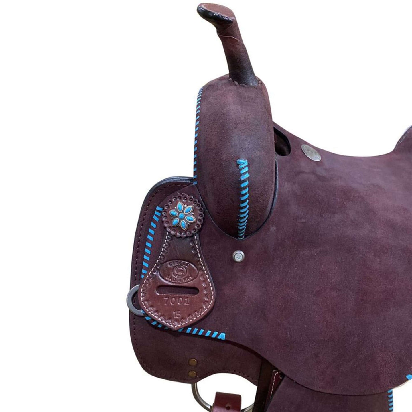  Circle S Barrel Saddle with Teal Buckstitch - side view front