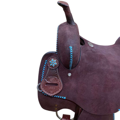  Circle S Barrel Saddle with Teal Buckstitch - side view front