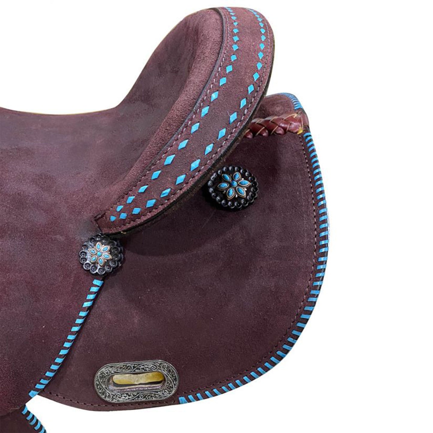 Circle S Barrel Saddle with Teal Buckstitch - side view back