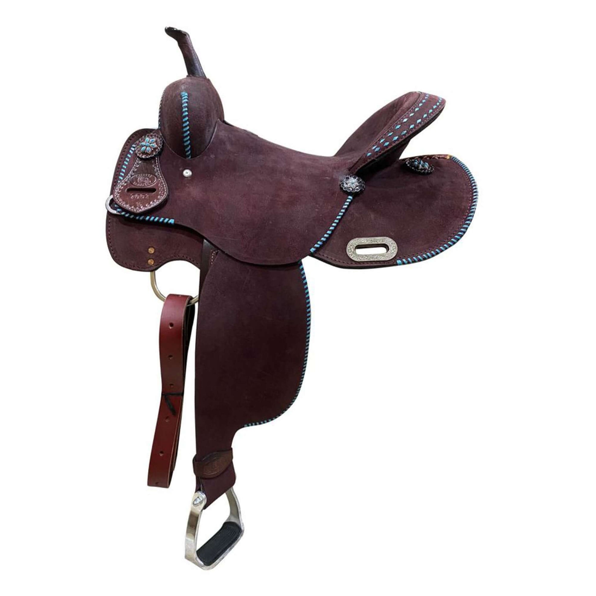 Circle S Barrel Saddle with Teal Buckstitch - side view