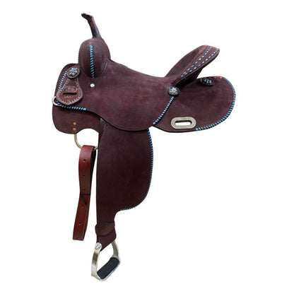 Circle S Barrel Saddle with Teal Buckstitch - side view