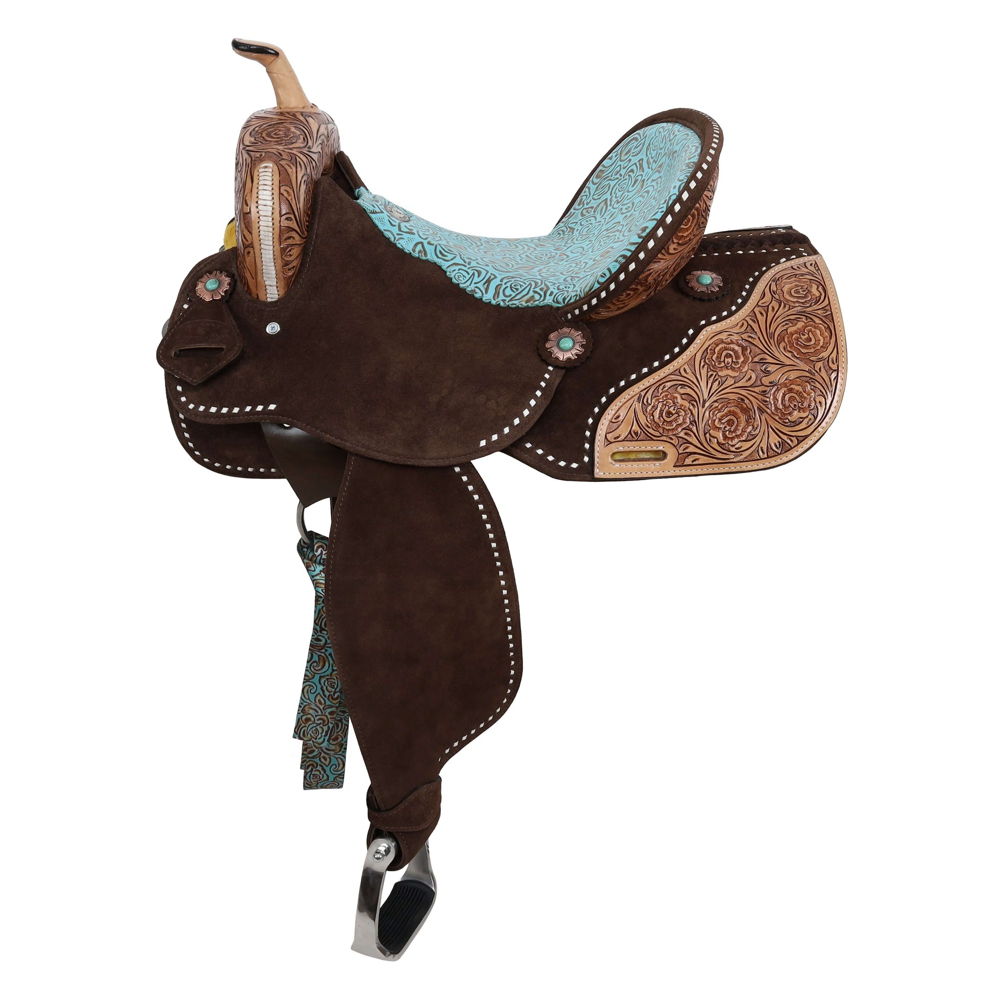 Klassy Cowgirl Teal Rose Barrel Saddle - side view