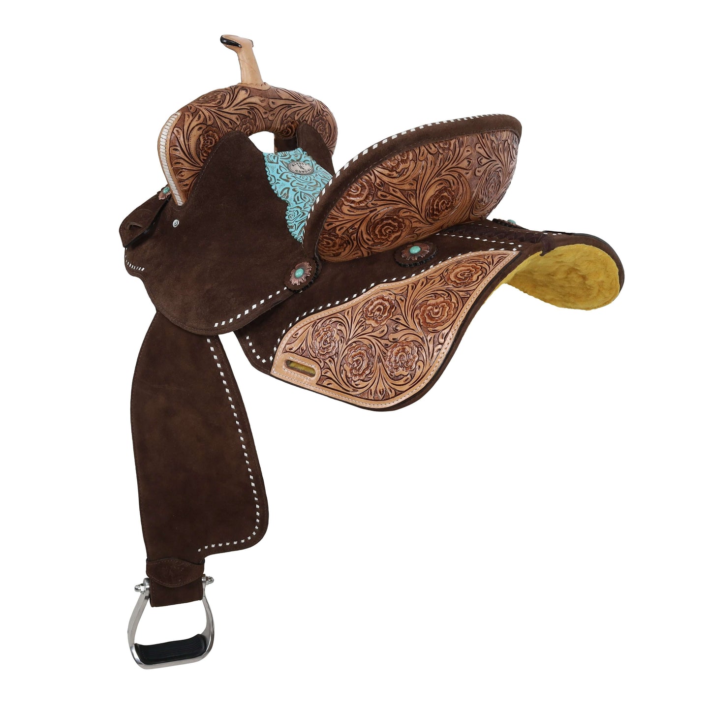 Klassy Cowgirl Teal Rose Barrel Saddle - side view back