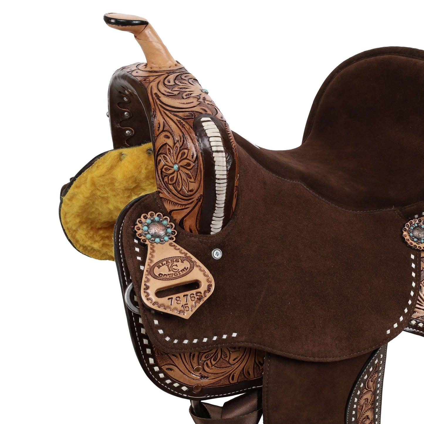 Klassy Cowgirl Bluebell Barrel Saddle - side view front up close