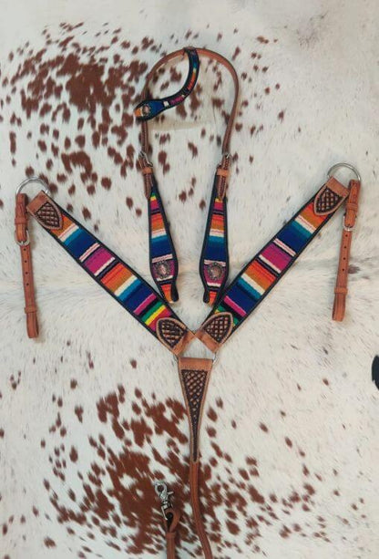 Showman One Ear Headstall & Breast Collar Set - front view on printed background