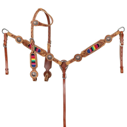 Showman One Ear Medium Leather Headstall & Breast Collar Set - front view whole set