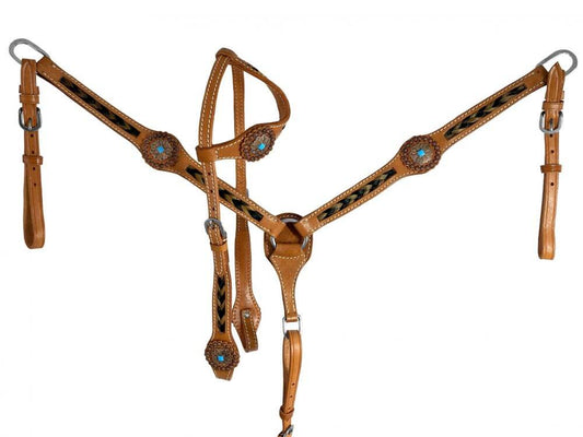 Showman One Ear Braided Horse Hair Headstall and Breast Collar Set - front view